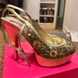 Betsey Johnson Vintage Gold Floral Embellished Platform Heels